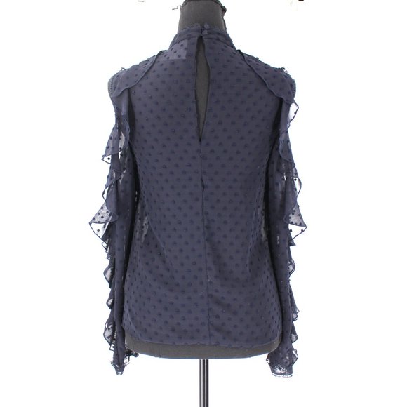 NICHOLAS Ruffle Trim Cold Shoulder Blouse 0 Sheer Navy Blue Swiss Dot Top XXS - Picture 7 of 9